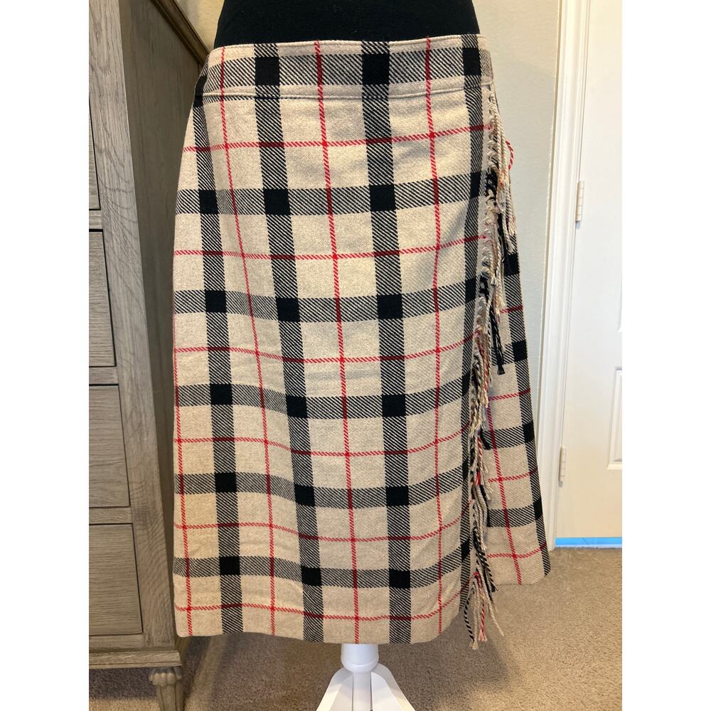 Talbots |  Wool Blend Tan Plaid Faux Wrap Midi Skirt with Fringe | 14 - Picture 3 of 10